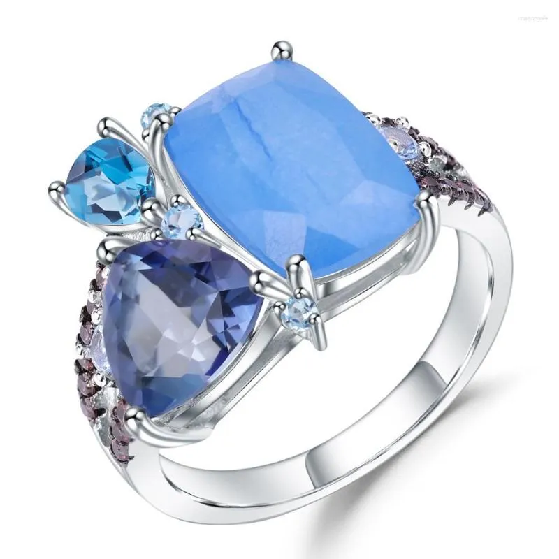 Bagues de Grappe GEM'S BALLET Naturel Aqua Bleu Calcédoine Géométrique 925 Argent Sterling Gemstone Bague Pour Femmes Bijoux Style Libre