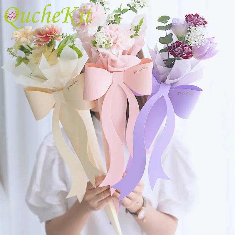 선물 랩 10pcs bowknot 꽃 포장 박스 꽃집 포장 휴대용 종이 보우 꽃가루 가방 Christma 웨딩 생일 파티 용품 230625