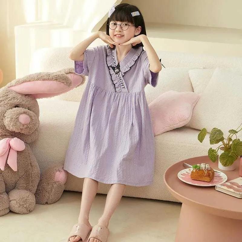 Kaii Sanrioed Kuromi Pajama Thin Cotton Nightdress Cute Cartoon