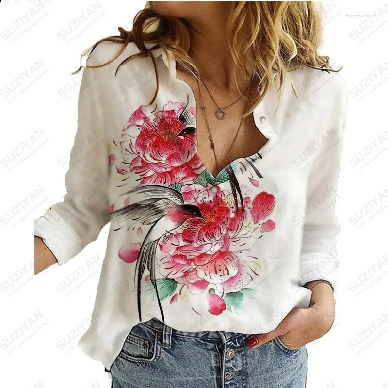 女性用長袖シャツを販売する女性のブラウス3Dフラワープリントルーズボタンカーディガンシンプルな気質セクシーなシフォン