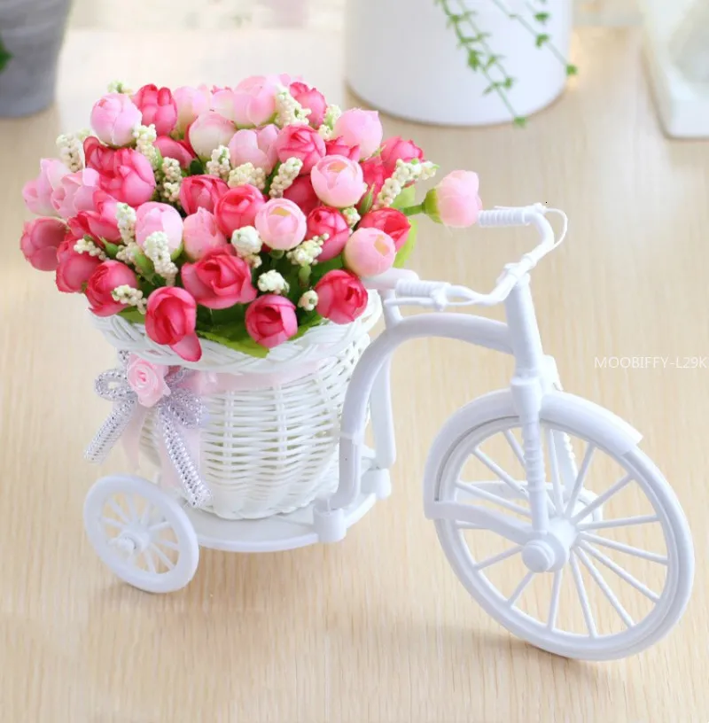 Vases Rattan Bike Vase with Silk flowers Colorful Mini Rose flower Bouquet Daisy Artificial Flores For Home Wedding Decoration 230625