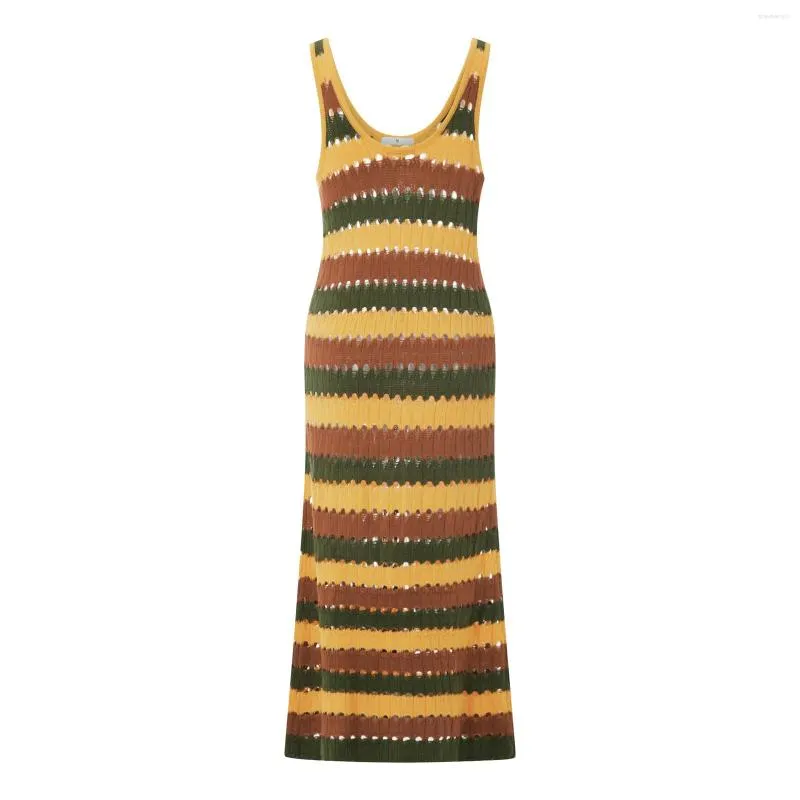 Robes décontractées Puloru Stripe Hollow-Out Crochet Knit Dress Été Femmes Sans Manches U-Neck Tank Midi Holiday Beach Streetwear Outfit