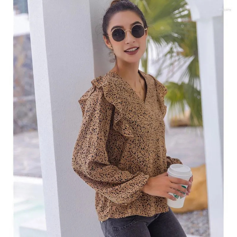 Women's Blouses Women's Womens Casual Tops Ruffle V Neck Leopard Comfort Tunic Loose Fitting Long Sleeves Shirts Top Polyester Plus