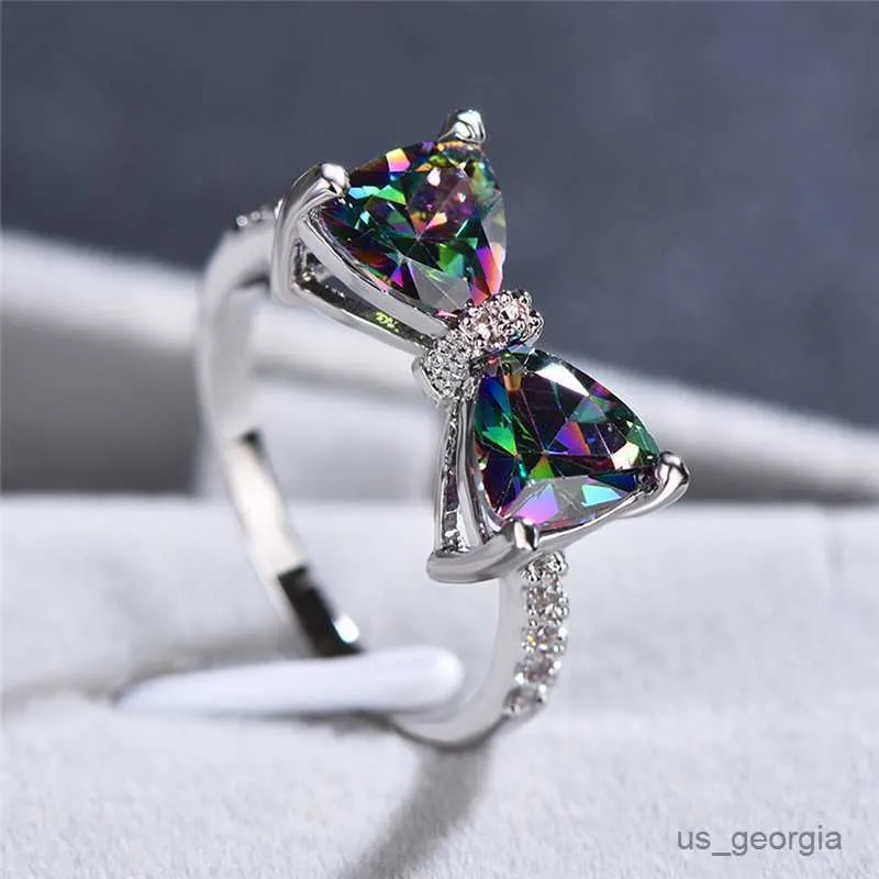 Rainbow Bowknot Married Ring Finger Woman With Crystal Stone And