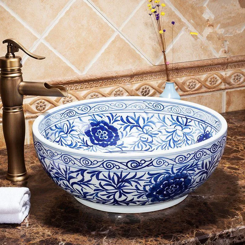 Tezgah Üstü porselen lavabo banyo lavaboları seramik kase lavabo mavi ve beyaz Dbthk