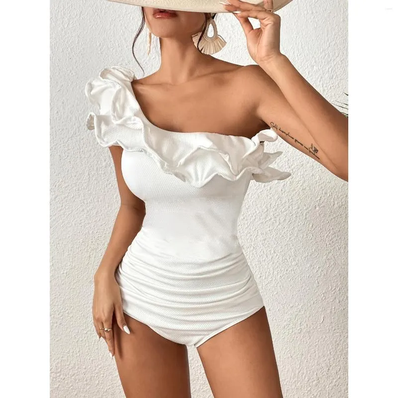 2022 White Swimsuit Women Deep-v One Piece Swimsuit Mesh Ruffle Beachwear Bathing  Suit Vintage Retro Monkini