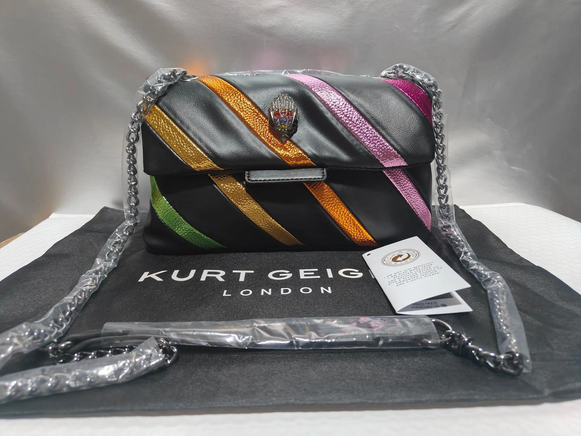 デザイナーバッグKurt Geiger London Rainbow Women Purse Eagle Metal Jointingカラフルなクロスボディパッチワークショルダーバッグメタリックチェーンショルダーガードルイブニングバッグ