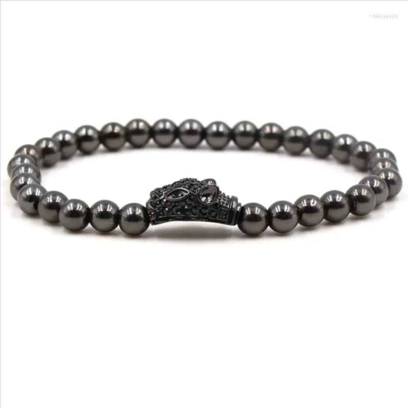 Testa di leopardo placcata pistola nera alla moda con bracciale elastico in zirconi cubici gioielli con perline a sfera in metallo