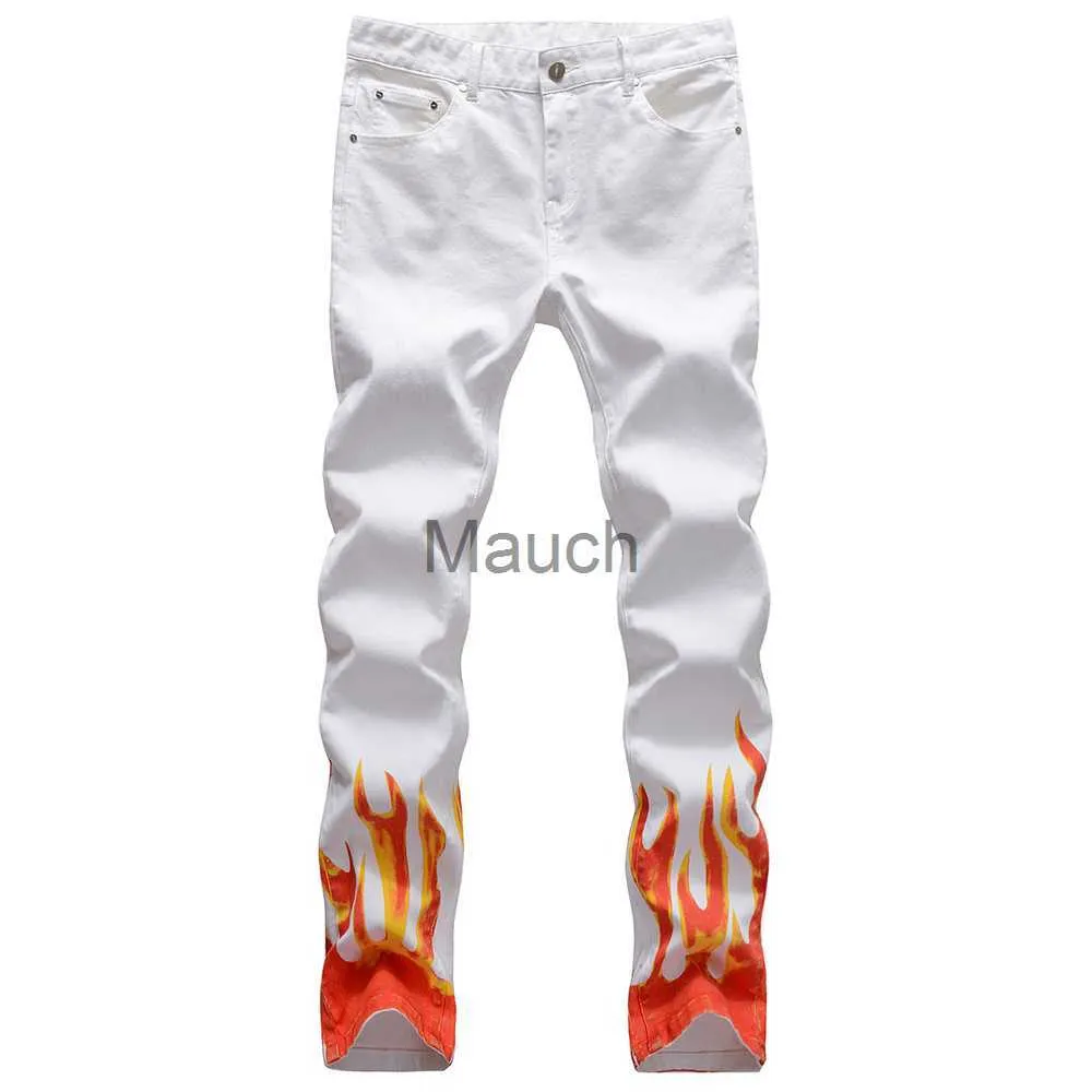 Men's Jeans Men's Flame Print Jeans Snow Washed Light Blue Denim Pants Slim Straight Trousers White J230626