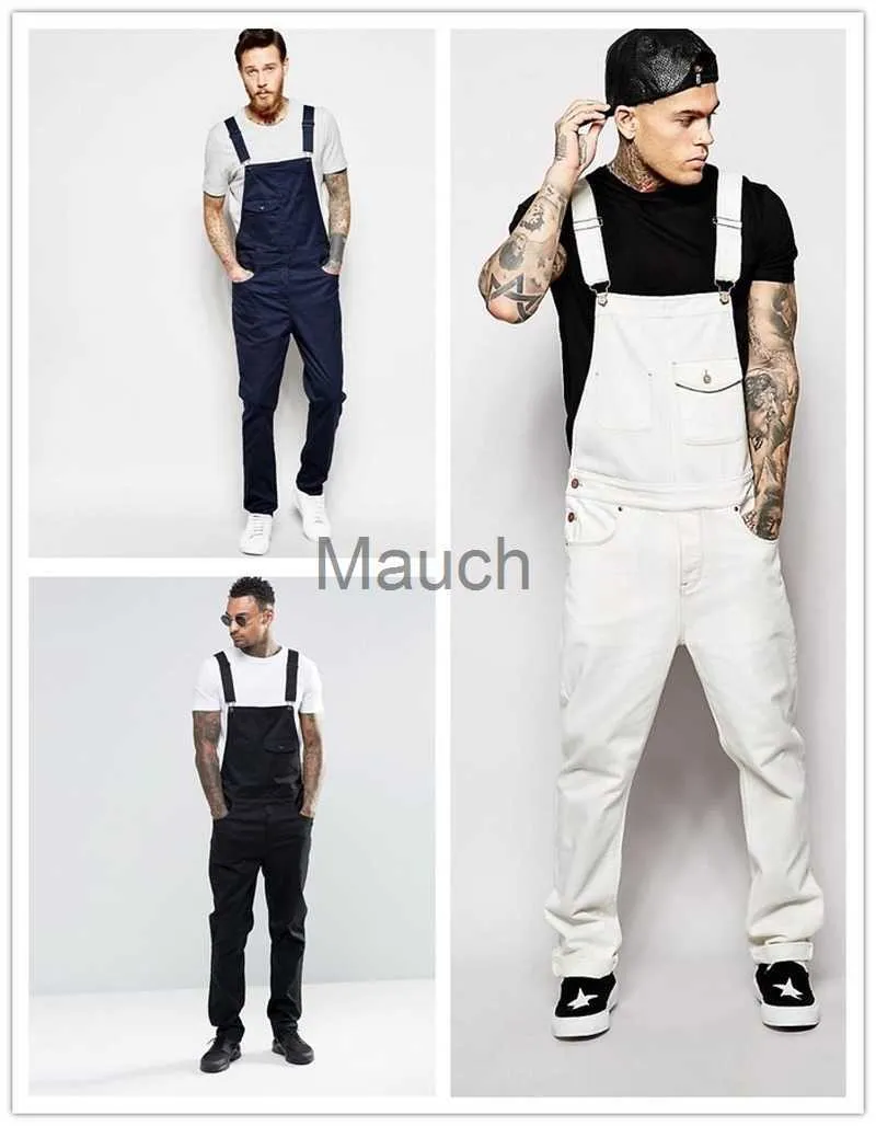 Mäns jeans Nya denim White Overalls Slim Menbyxor Nya Europa och Amerika Bib Men Spring och Autumn Casual Solid Color Mens Jeans J230626