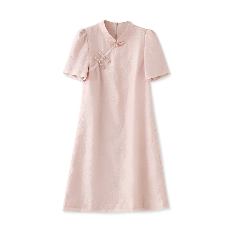 2023 été rose couleur unie robe à manches courtes col montant genou longueur robes décontractées W3L049608