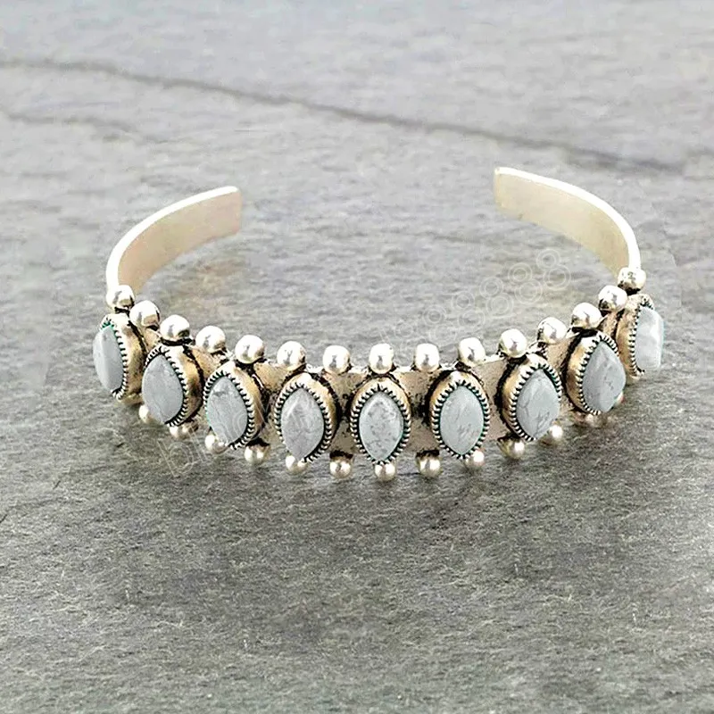 Bohemiska naturliga turkoser Sten öppen armband armband tibetanska smycken retro antik silverfärg manschett armband för kvinnor gåva