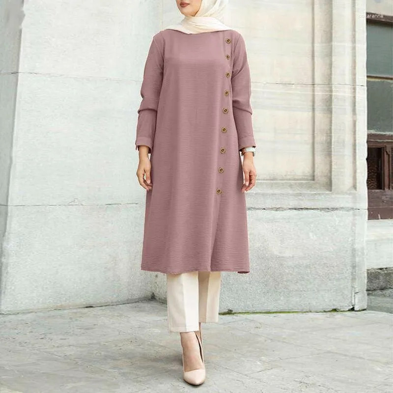 Roupas étnicas Muçulmana Vestido Top Feminino Mubarak Abaya Eid Ramadan Simples Manga Comprida Malásia Senhora Botão Decoração Casual Ropa Islam