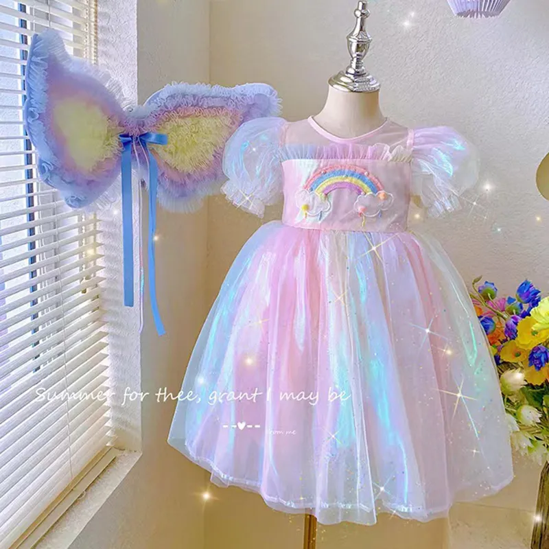 Girl's Dresses Rainbow Lace Princess Dress for Girls Summer Party Dresses Kids Short Sleeve Mesh Bow Wings Vestidos 3-12Y Children Cute Clothes 230625