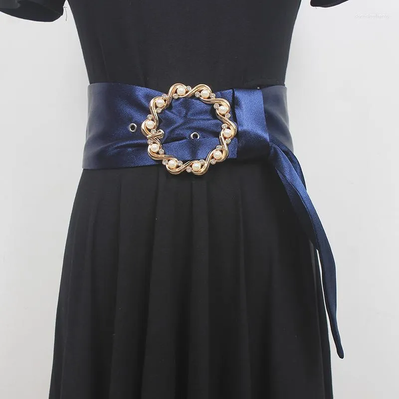 Cintos com fivela circular em tecido de cetim cós longo ajustável azul vinho tinto largo espartilho fino vestido camisa cintura decoração