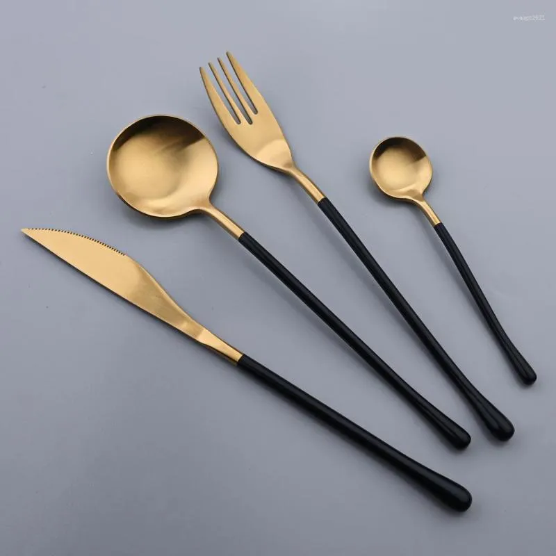 Dinnerware Sets Zoseil 24pcs Black Gold Cutlery 304 Stainless Steel Tea Spoon And Fork Knife Kitchen Dinner Flatware Set Brushed