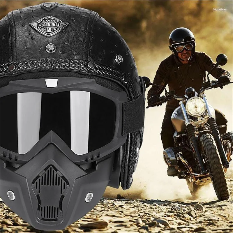 Hommes Vintage Pu Cuir Full Face Casque moto Vintage Moto Casques