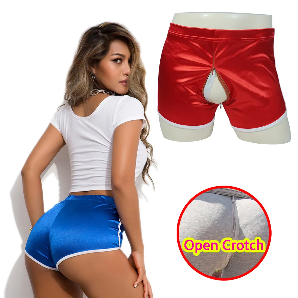 Mini pantaloni senza cavallo da donna Pantaloncini erotici con cerniera nascosta Cavallo aperto Mutandine sportive Coppia bottino Costume da gioco per adulti all'aperto