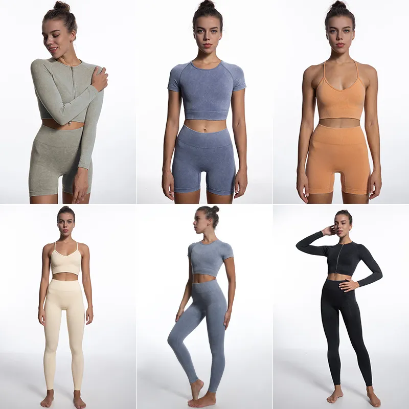 Spor Giyim Bayan Sonbahar ve Kış Avrupa ve Amerikan Dikişsiz Taş Yıkanmış Yoga Kıyafetleri Spor Sutyeni Koşu Pantolonu Kısa Yoga Sui