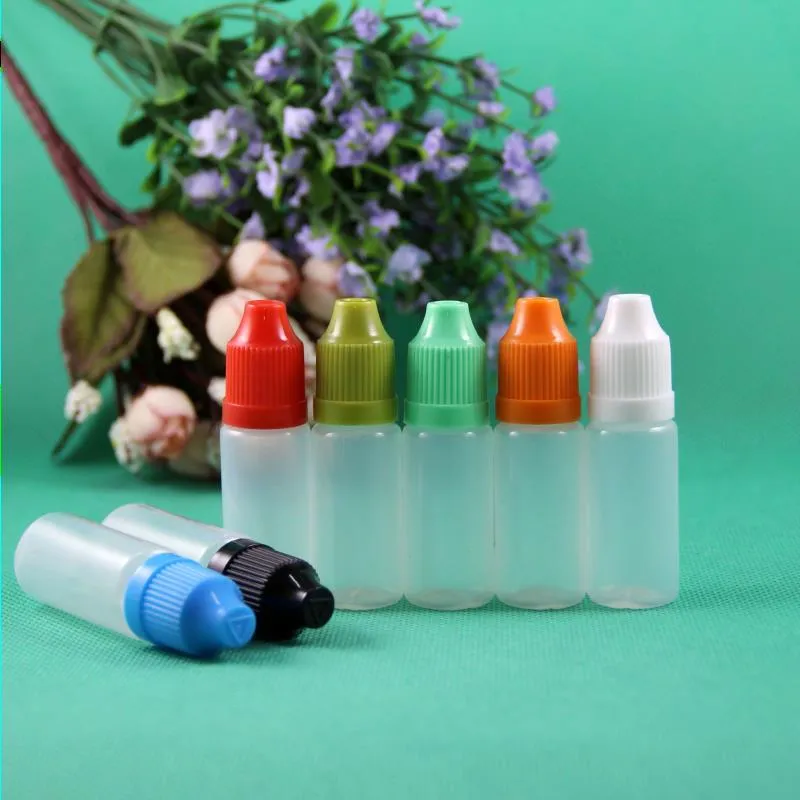 100 set / lotto 10ml Bottiglie contagocce in plastica a prova di bambino Punta lunga e sottile PE Sicuro per e Liquid Vapor Vapt Juice e-Liquide 10 ml Tkves