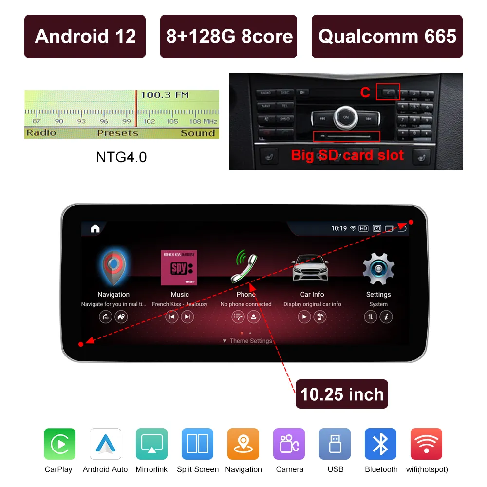 Road Top Android 10 Car Stereo Pantalla táctil de 10.25 Pulgadas para Mercedes  Benz Clase C