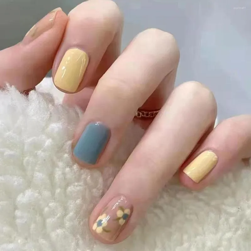 Fałszywe paznokcie jasnożółty kwiat fałszywy INS modne kobiety sztuczne do dekoracji palców domowe paznokcie