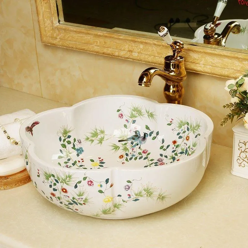 Europe Artistique Peinture Fleurs Lavabo en porcelaine Art Comptoir Washnasin Céramique Salle de bain Lavabos Lavabos porcelaine bol sinkgood qt Tqdp