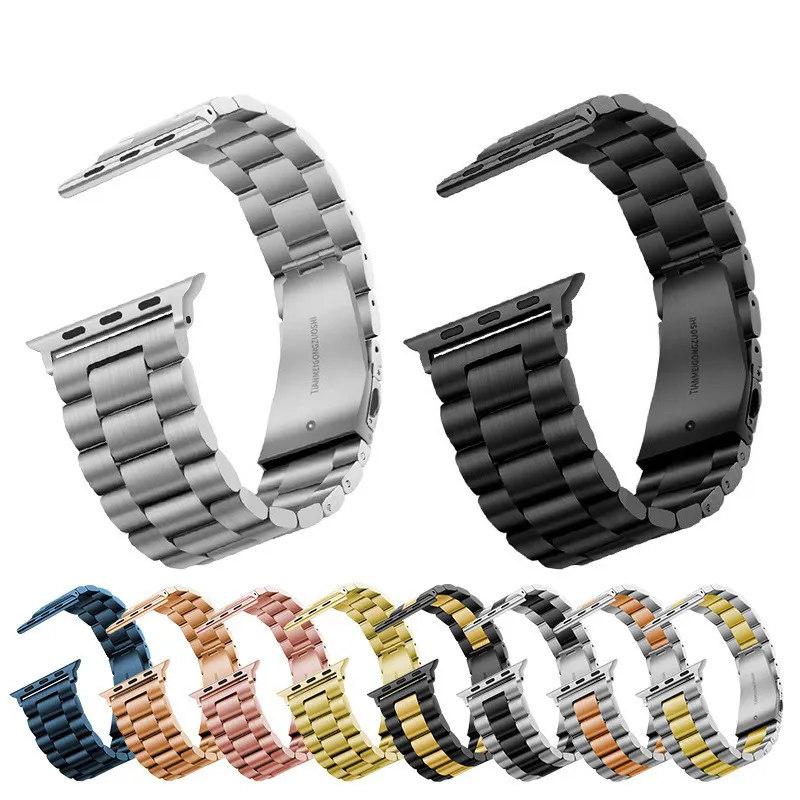 Bracelet en acier inoxydable pour Apple Watch 42 mm 38 mm Série 3 2 1 Bracelet en métal 3 perles Bracelet à maillons pour iWatch Série 4 5 6 Taille 40 mm 44 mm Série 7 8 Taille 41 mm 45 mm 49 mm