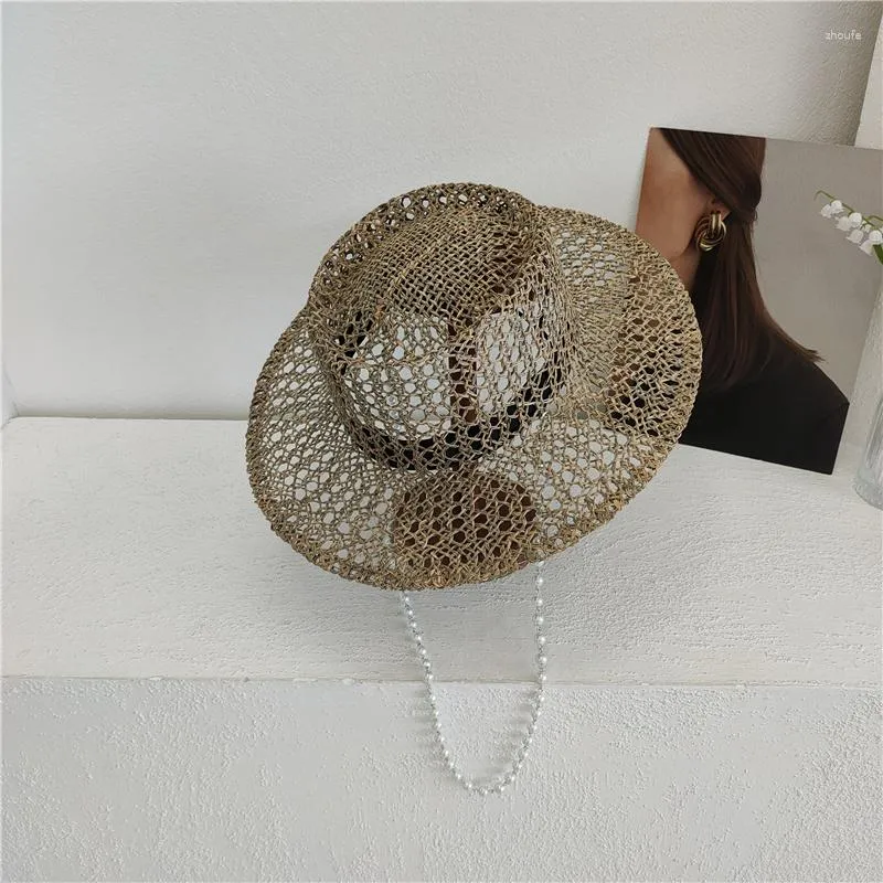Berets 202304-shi ins Summer Drop Natural Salt Trafta Otwarta Pearl Chain Lady Fedoras Cap Women Panama Jazz Hat