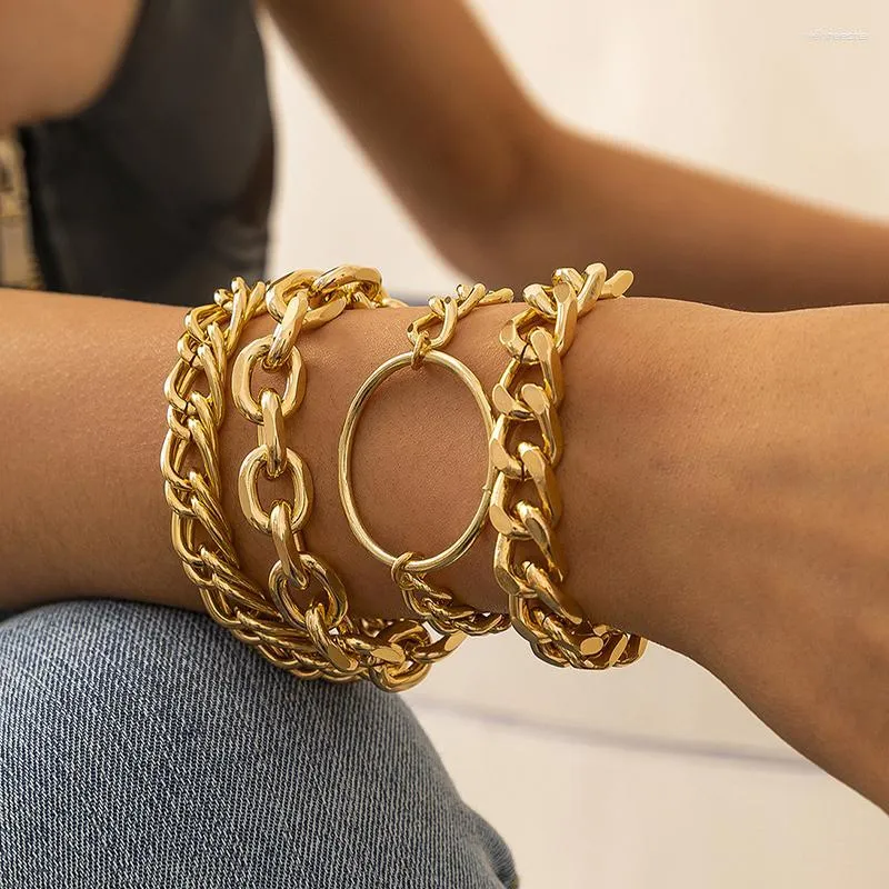 Strand 4 Pcs Retro Bracelets Sets For Women Gold & Silver Color Cuba Chains Fashion Vintage Jewelry Y2K Accessories Free