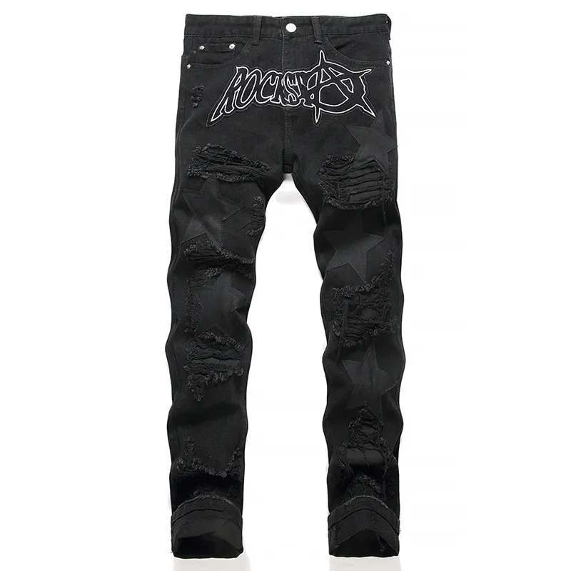 Svart rippat hål Hål Mäns jeans Casual Loose Straight Streetwear Spring Autumn Embroidered Denim Pants