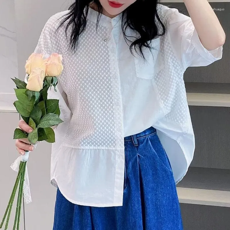 Kvinnors blusar French Style Solid Color White Spets kort ärm Loose Stand Up Collar Shirt Women Tops