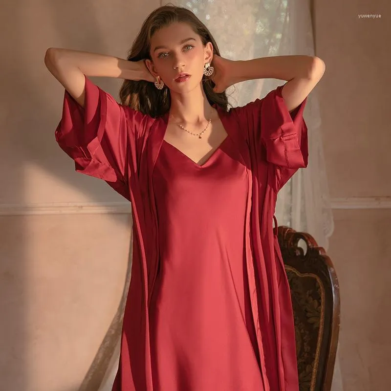 Kadın Pijama Seksi Saten Gecelik Set Yaz Kadın Kimono Bornoz Elbise Takım Elbise Rahat Gecelik Ev Elbise Loungewear