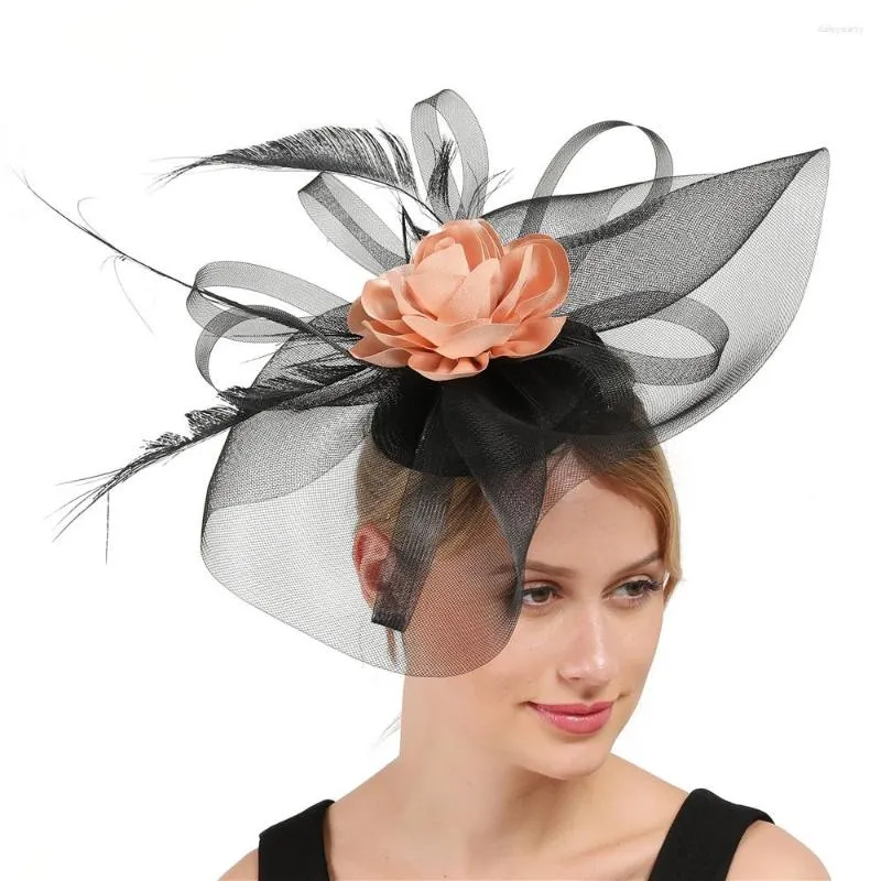 Baskar Elegant Champagne Flower Feather Fascinator Races Hatts For Women Lady Formal Wedding Dress Headwear Black Big Tulle fascinerande