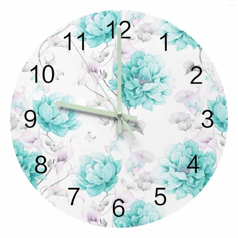 Wall Clocks Water Color Watercolor Flowers Retro Peonies Luminous Pointer Clock Home Ornaments Round Silent Living Room Decor