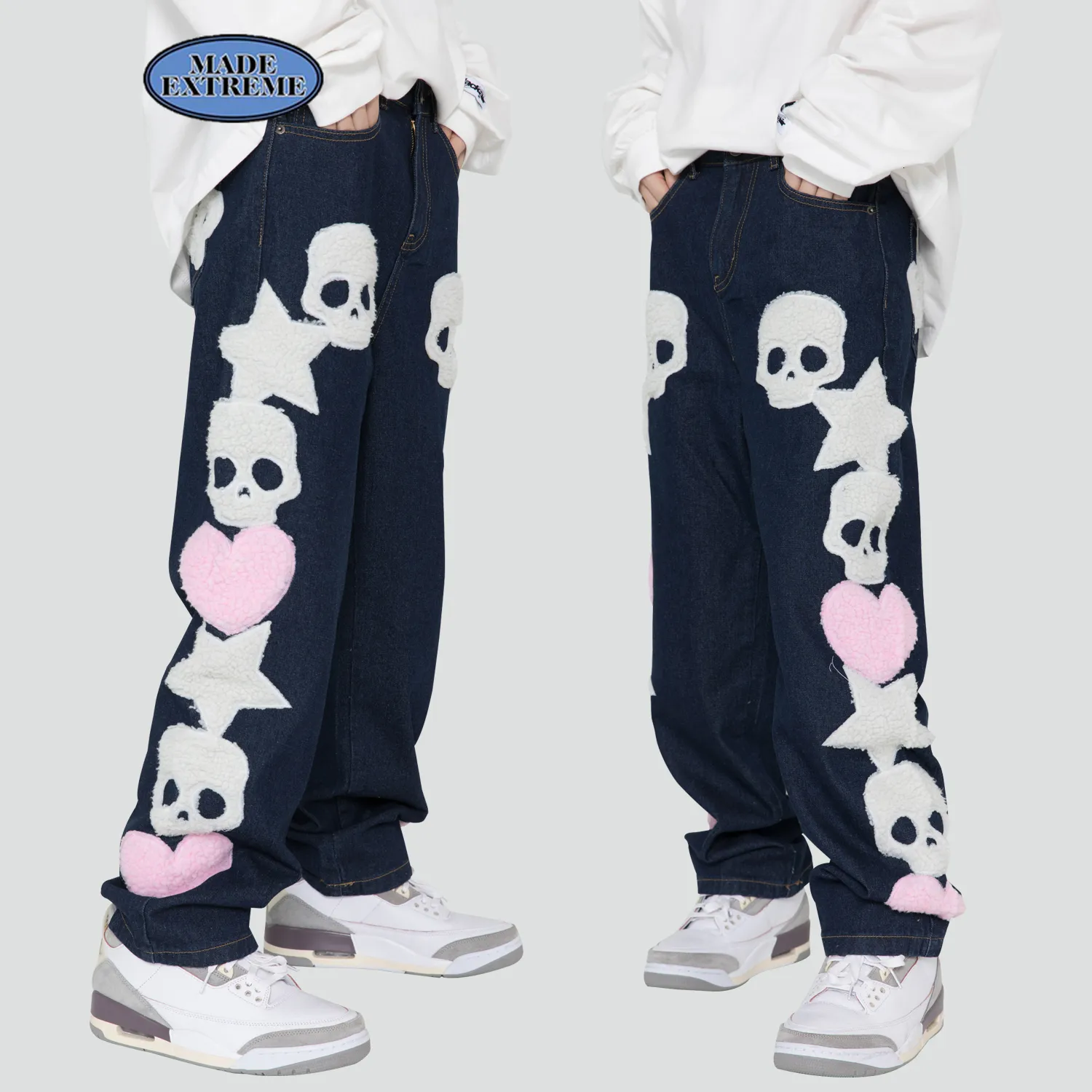 Skull Jeans 黒 ピーコート DHgate.com:Mens BLACKAIR Jeans with Skull Pattern Embroidery