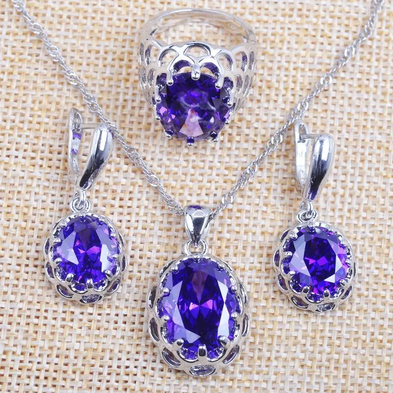 Necklace Earrings Set Natural Purple Crystal Women's Wedding Gifts Feminia Fashion Jewellry Pendant And Ring TZ0166