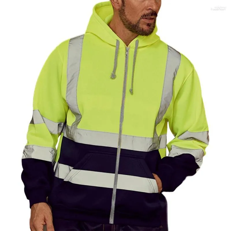 Motorradbekleidung Reflektierender Streifen Hoodie Herren Langarm Reißverschluss Kapuzenpullover Frühling Herbst Sicherheitsarbeitskleidung Oberbekleidung mit Taschen