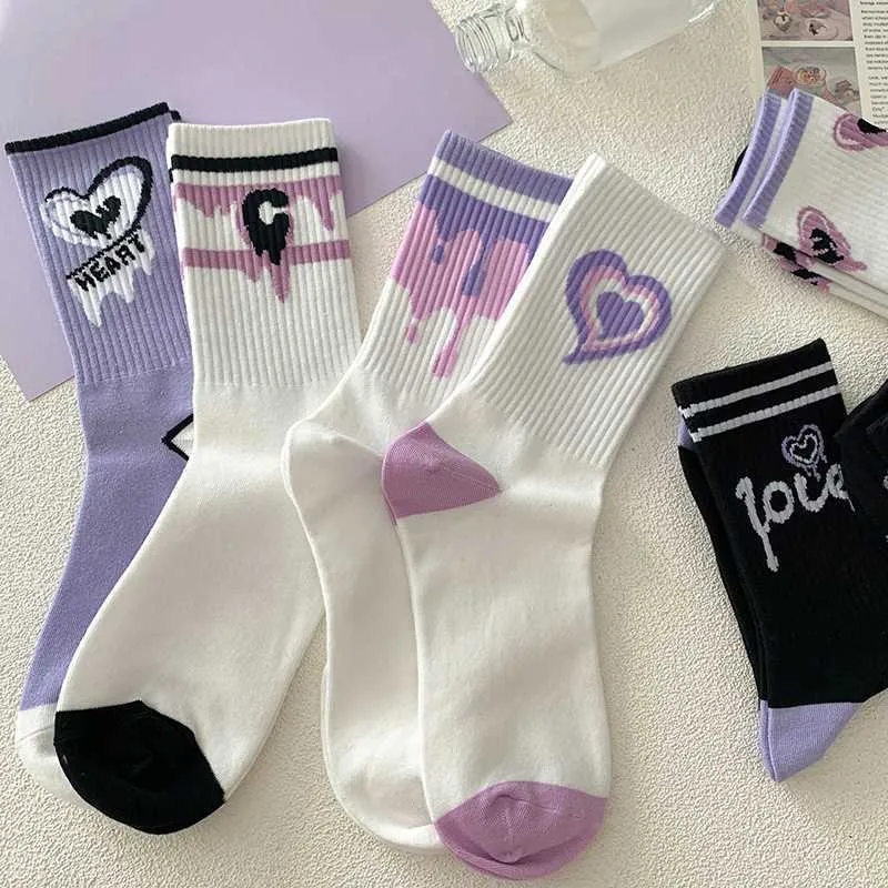 Носки Чулочно-носочные изделия Женские носки Хлопковые фиолетовые носки в форме сердца Средние носки Американские носки в стиле хип-хоп Уличная одежда Спортивные носки Спортивные носки для девочек