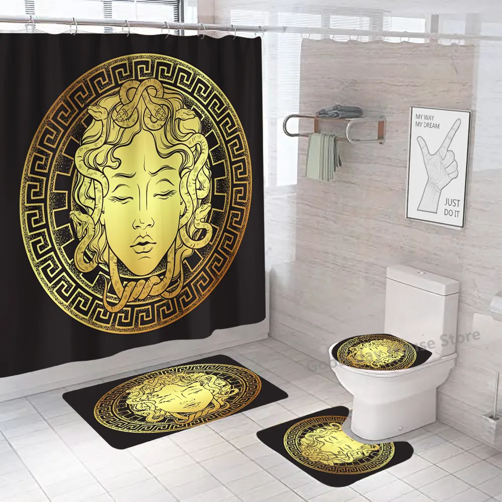 Shower Curtains Curtain Sets Luxury Black Gold Polyester Fabric Washable Bath 3D Marble Toilet Cover Bathroom Accessories 230626