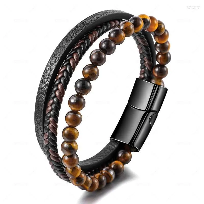 Link Bracelets Original Natural Tiger's Eye Stone Lether Braided Bracelet For Men Multi-layer Hand Leather Woven Beaded Jewelry