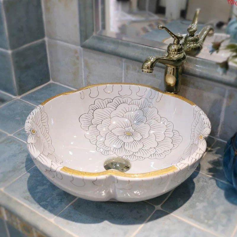 Flower Art Procelain Chinese Europe Vintage Style Wash Basin Ceramic Counter Blish Basin Zlewnia łazienki zlew łazienkowy Good Qty Botma