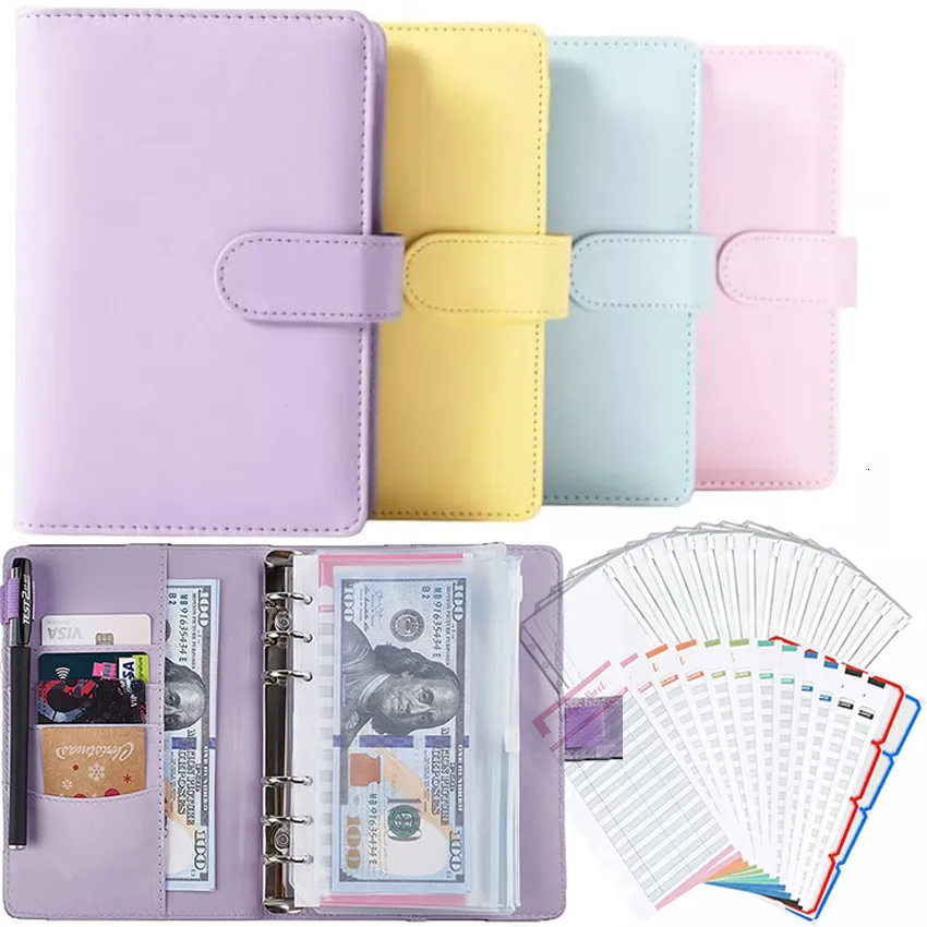 Carpeta de presupuesto, organizador de dinero en efectivo, sobres de cuero  A6, carpeta de presupuesto con sobres con cremallera (púrpura)