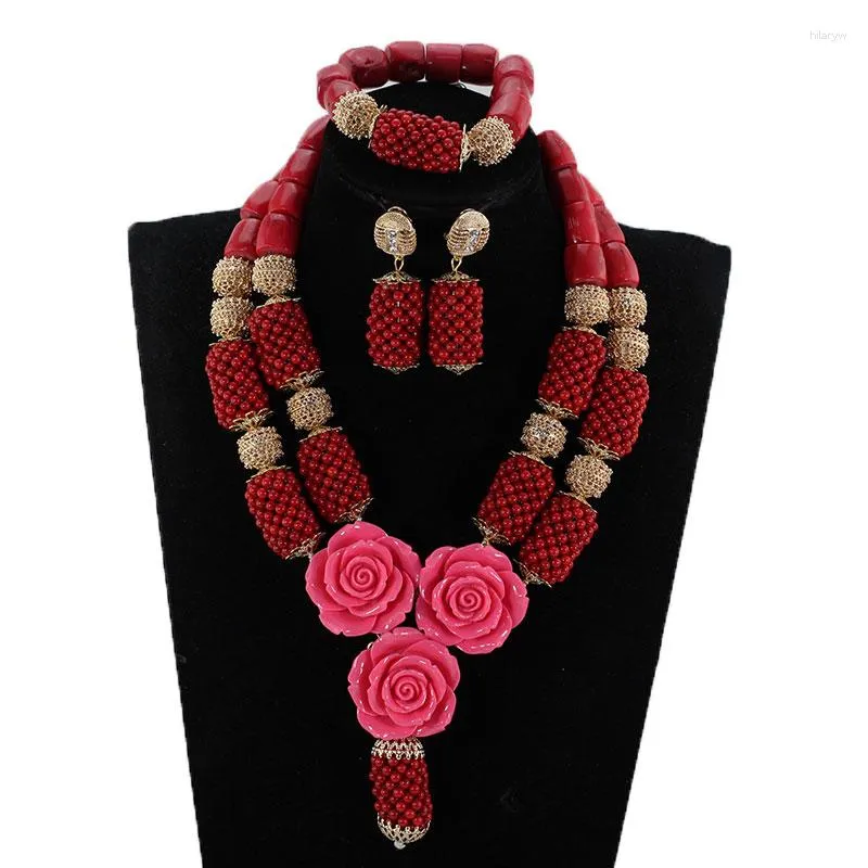 Collana orecchini set splendido corallo rosso perline africane gioielli fiore bavaglino dichiarazione per spose gioielli da donna nigeriani CNR914