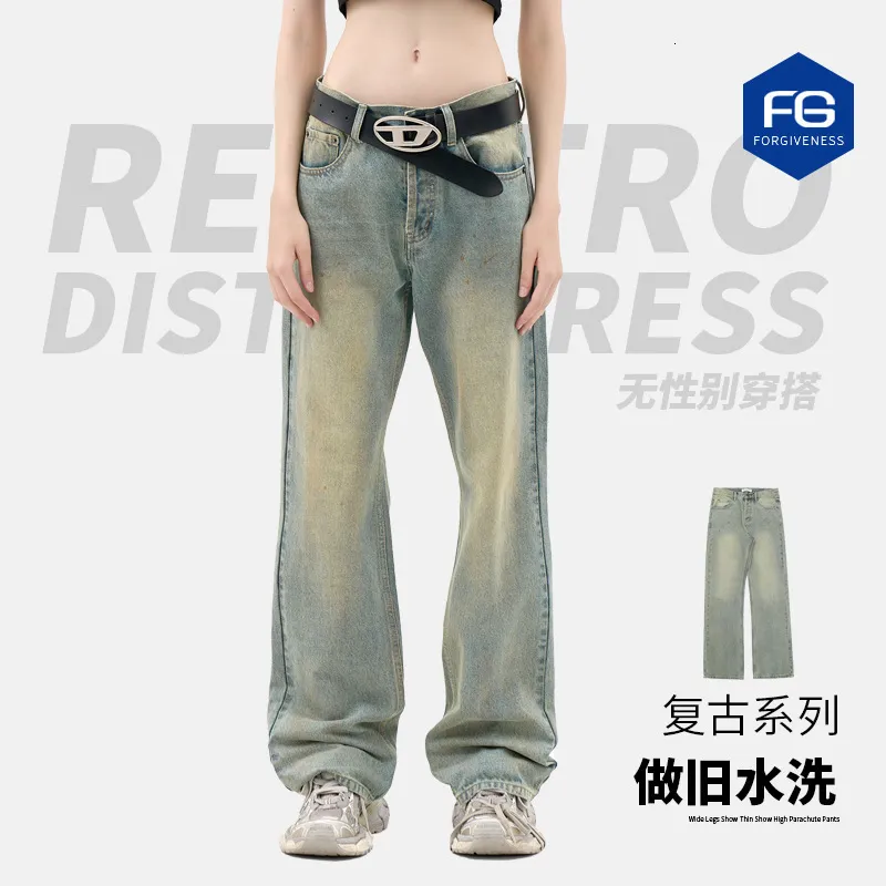 Men's Jeans 2023 Fashion Men Muddy Yellow Splatted Ink Washed Old Straight Leg Wide Versatile Casual Loose Pants 230625