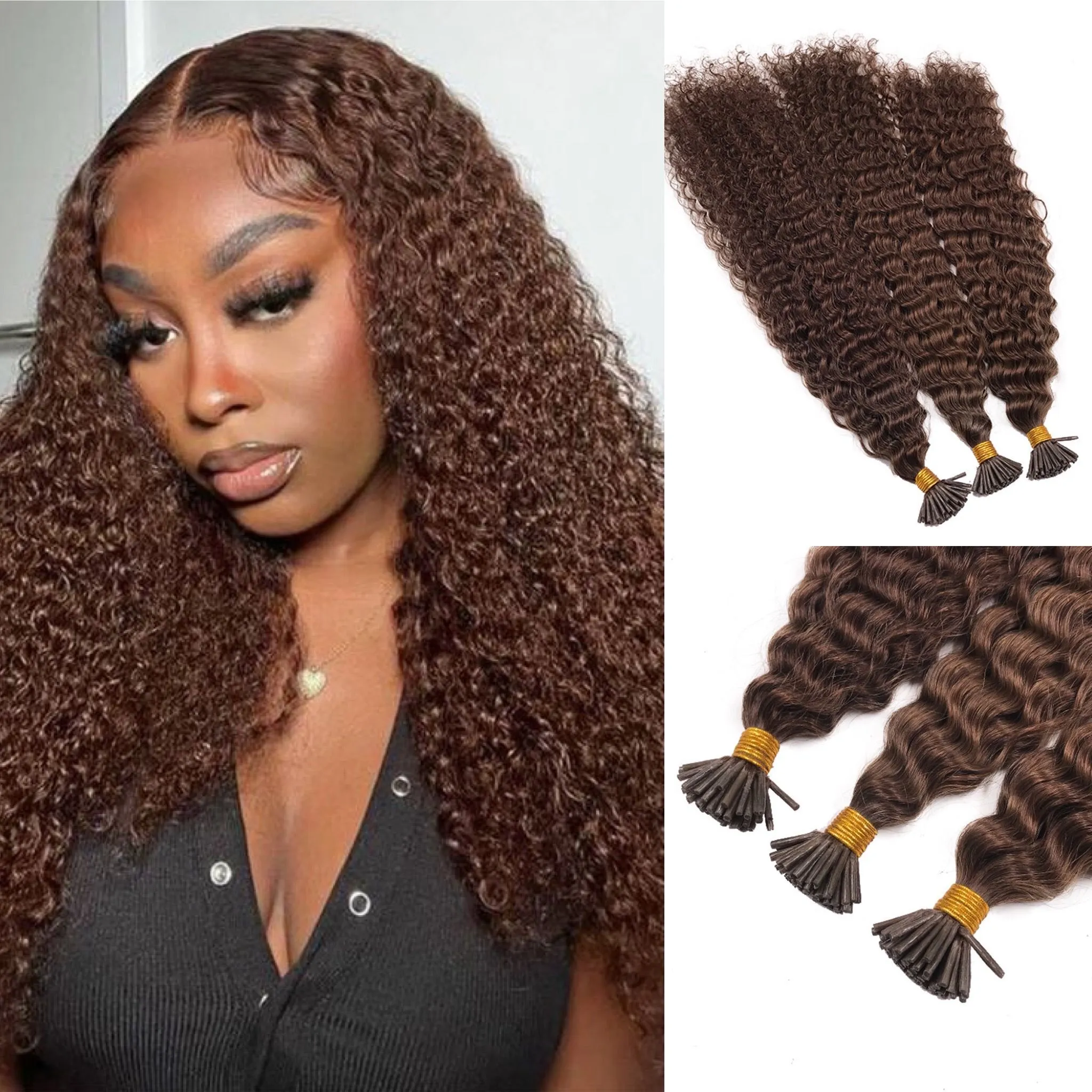 Extension de cheveux bouclés brun foncé I Tip Remy Kinky Curly Microlinks Extensions de cheveux Itip pré-collées 100g