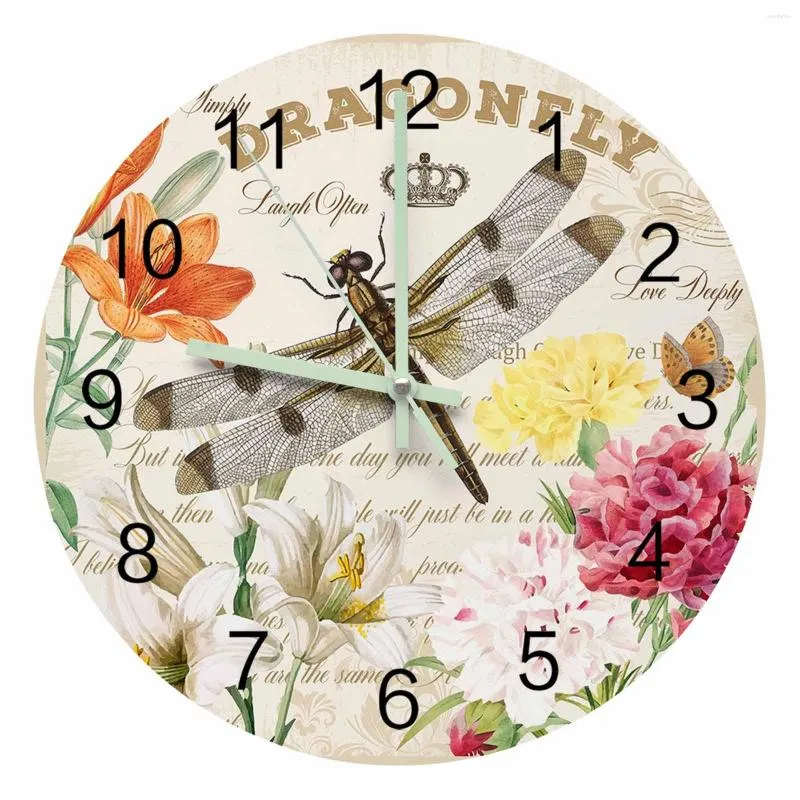 Wall Clocks Flower Dragonfly Crown Vintage Letters Luminous Pointer Clock Home Ornaments Round Silent Living Room Decor