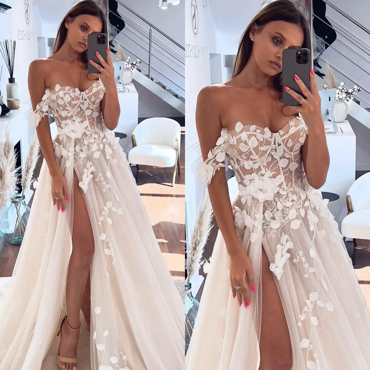 Vintage A Line Dresses for bride Off Shoulder Leaf Appliques Lace Wedding Dress Sweep Train Backless Thigh Slit Long designer bridal gowns