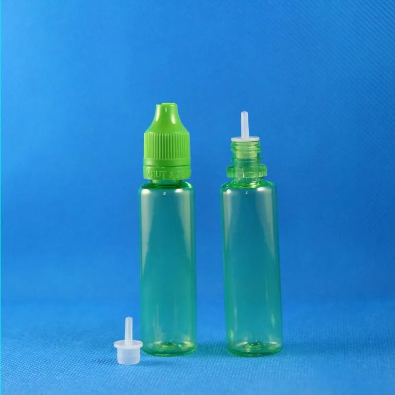 100 set / lotto 25ml UNICORN GREEN Flaconi contagocce in plastica Resistente ai bambini A prova di manomissione Punta lunga e sottile e Liquid Vapor Juice e-Liquide 25 ml Abtb