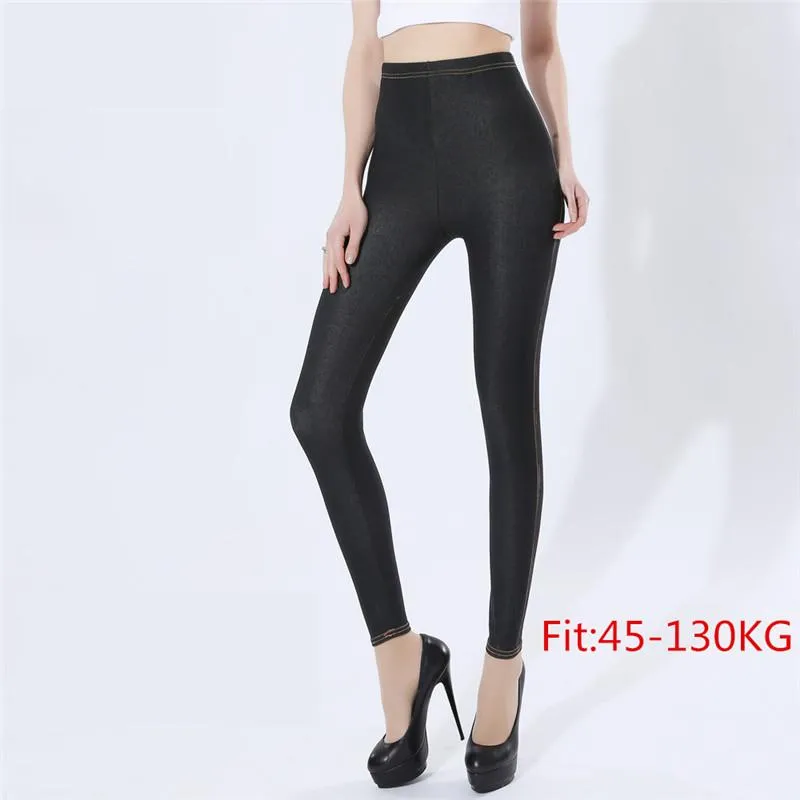 Legginsy Kobiety w dużych rozmiarach Legginsy 5xl Faux jeansowe jeansy Jeansy Jeansowe nogawki duże czarne rozciąganie chude spodnie ołówka Wysokie sprężyste spodnie